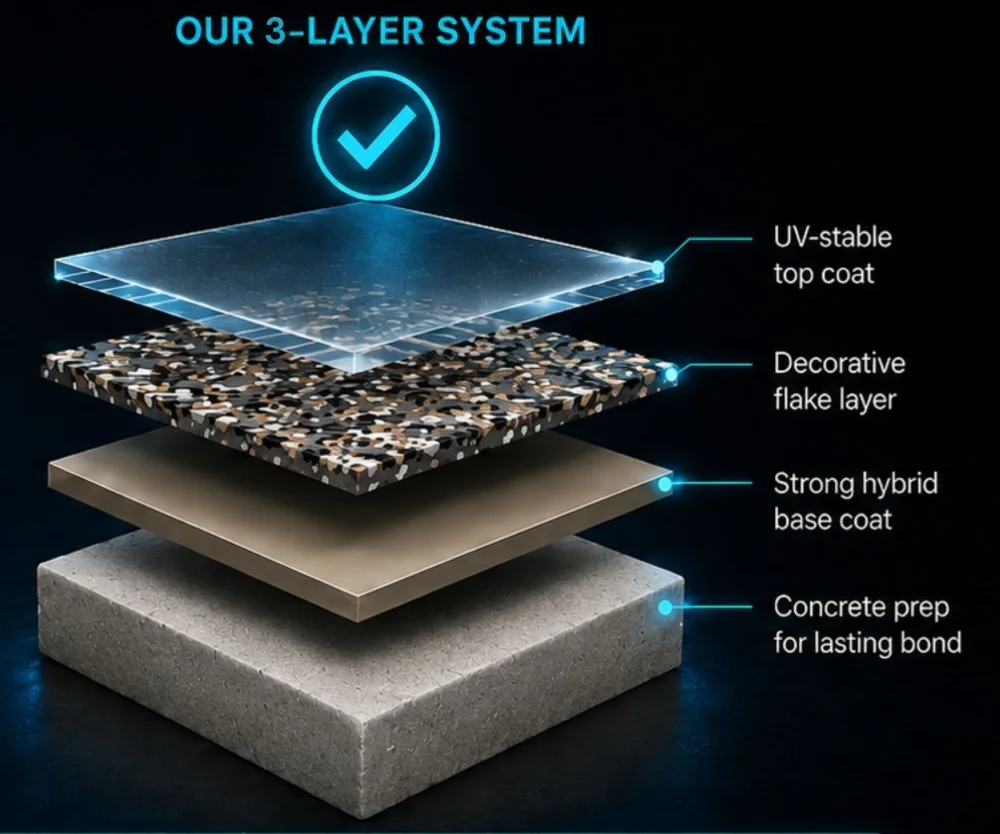 Our three-layer system: UV-stable top coat, decorative flake layer, strong hybrid base coat, and prepped concrete for a lasting bond.